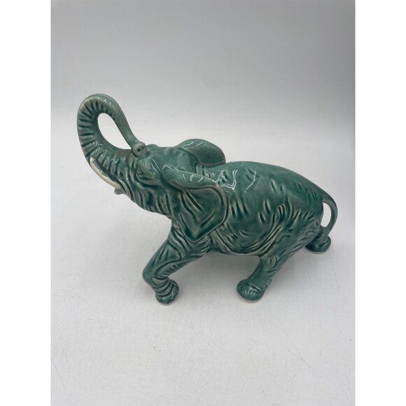 Vintage Glossy Celedon Green Ceramic Elephant Figurine With Trunk Up Good Luck - Picture 3 of 8